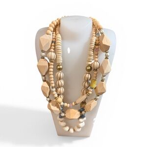 New! Plunder Multi Strand Wood Bead Statement Necklace Natural Boho Layered